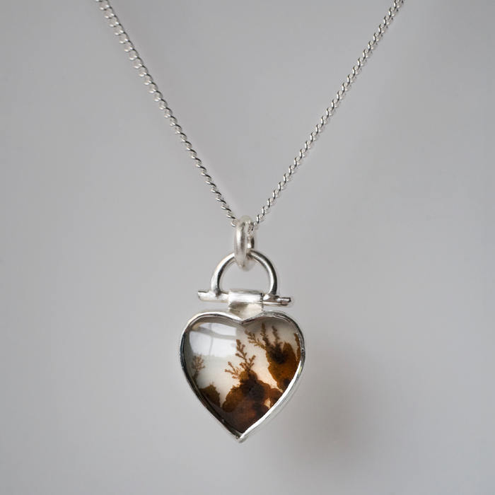 Heart dendritic agate and silver pendant