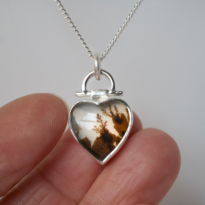 Heart dendritic agate and silver pendant