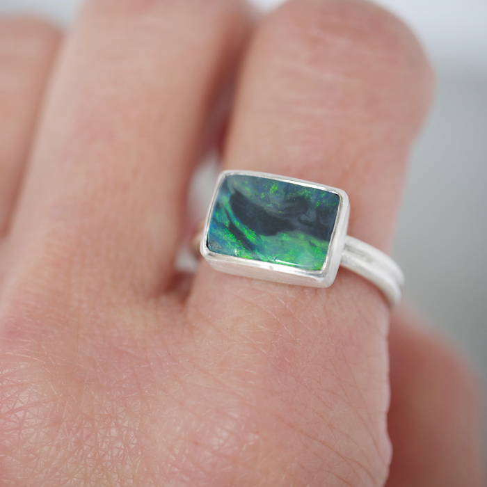 Black Lightning Ridge Opal Silver Ring