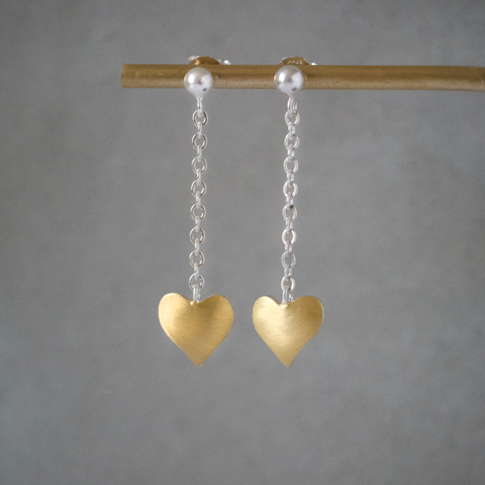 Heart Keum Boo drop chain earrings