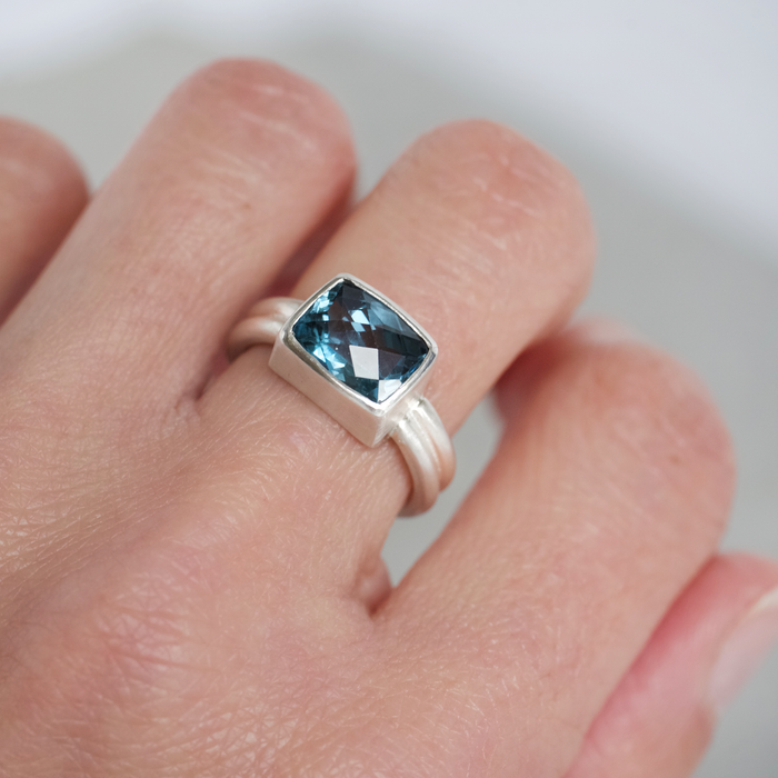 London Blue Rose Cut Topaz Ring Worn