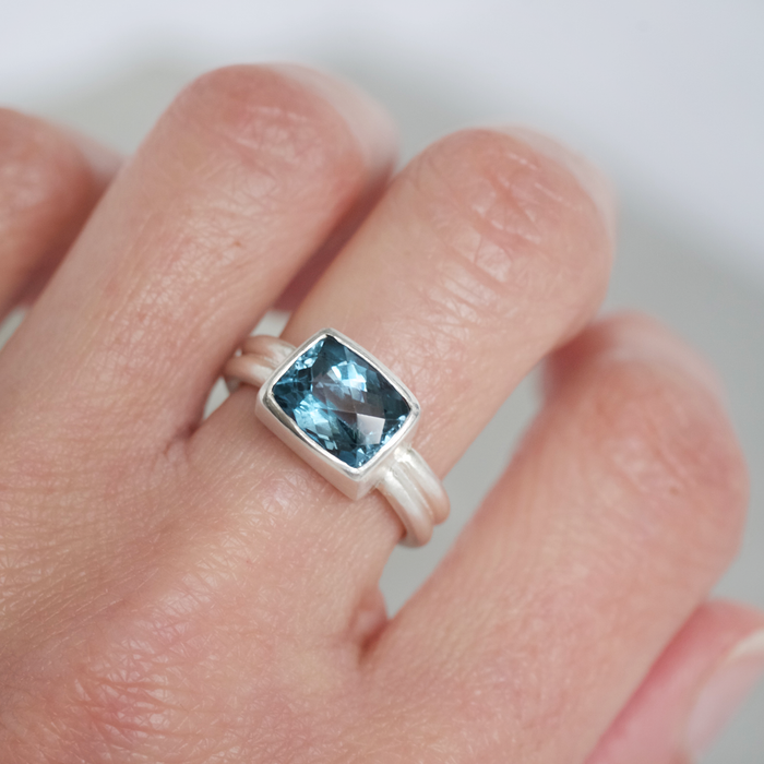 London Blue Rose Cut Topaz Ring Worn