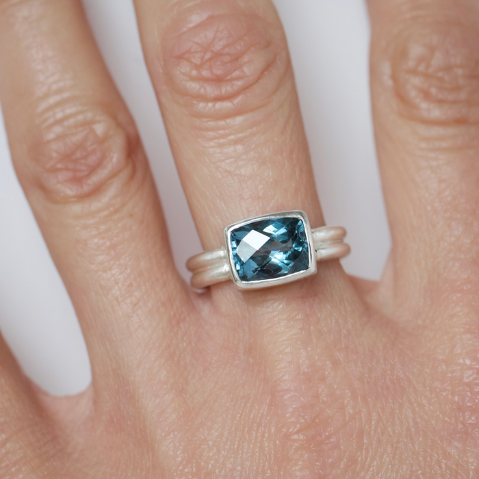 London Blue Rose Cut Topaz Ring Worn