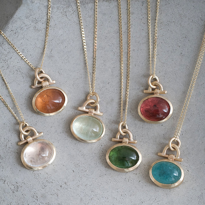 Tourmaline gold pendant necklaces, custom jewellery Natalie Vernazza