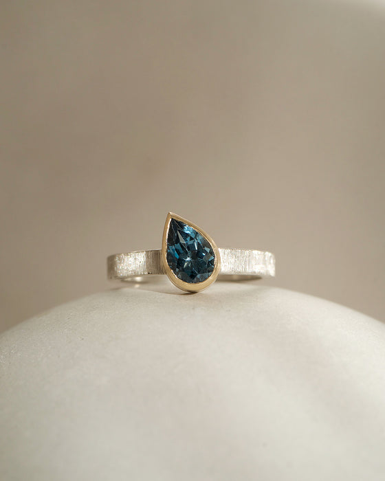 London Blue Topaz Ring gold silver ring Natalie Vernazza elegant jewellery.