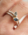 Teal blue sapphire ring set solid silver and gold by Natalie Vernazza elegant jewellery
