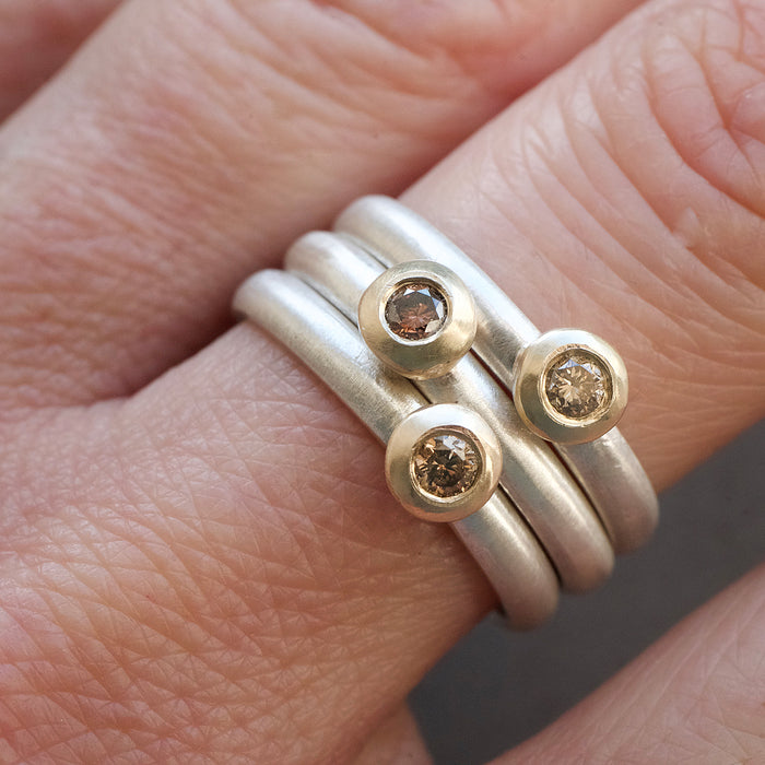 Warm diamond gold silver stacking ring set by Natalie Vernazza elegant jewellery