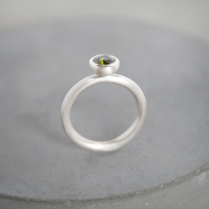 Olive green natural zircon sterling silver ring