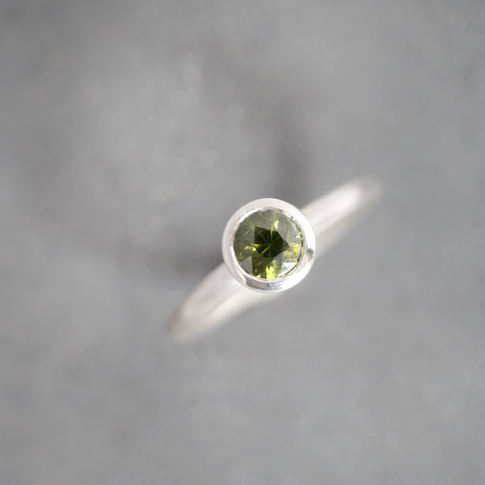 Olive green natural zircon sterling silver ring