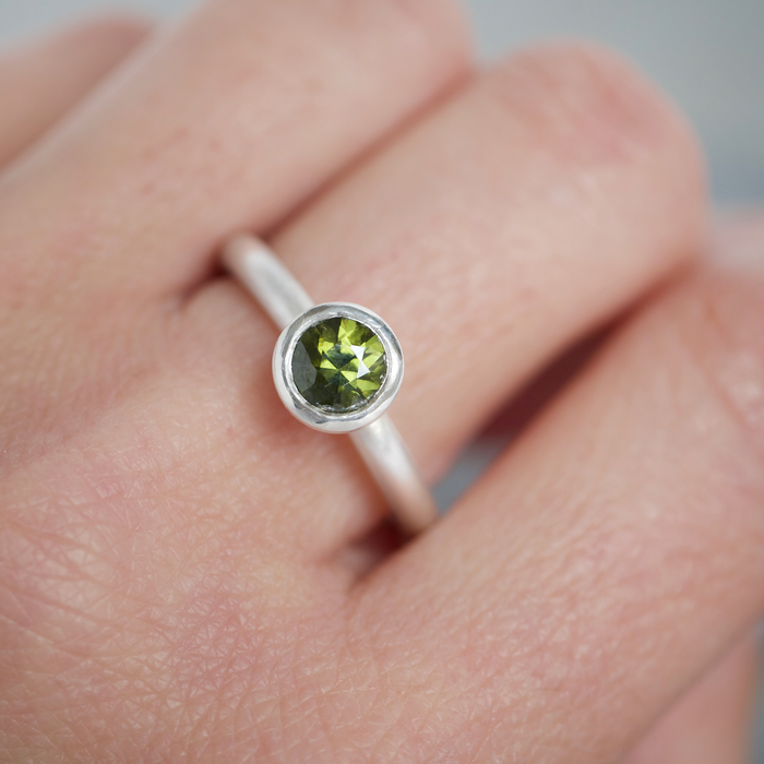 Olive green natural zircon sterling silver ring