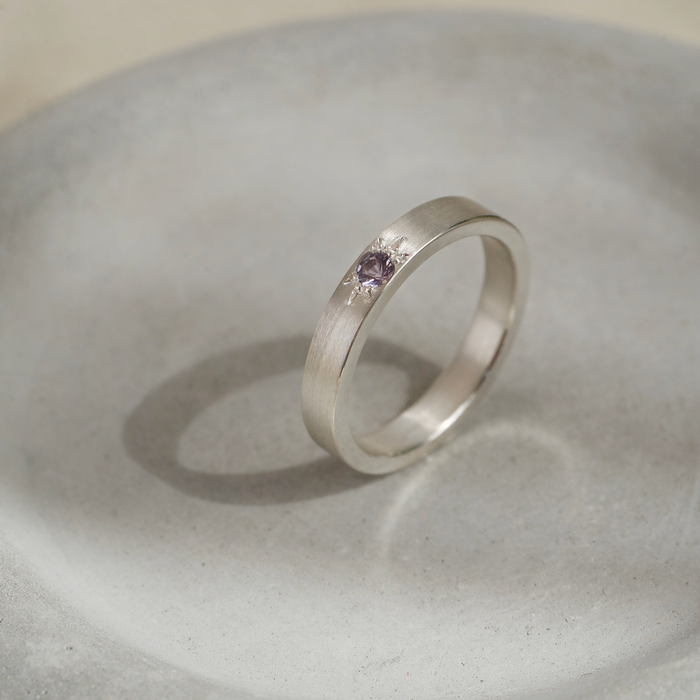 Purple Spinel star set argentium silver ring. Contemporary jewellery.