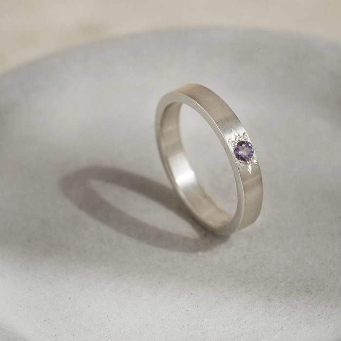 Purple Spinel star set argentium silver ring. Dainty Ring.