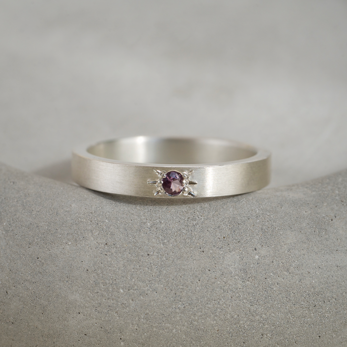 Purple Spinel star set argentium silver ring. Contemporary jewellery.