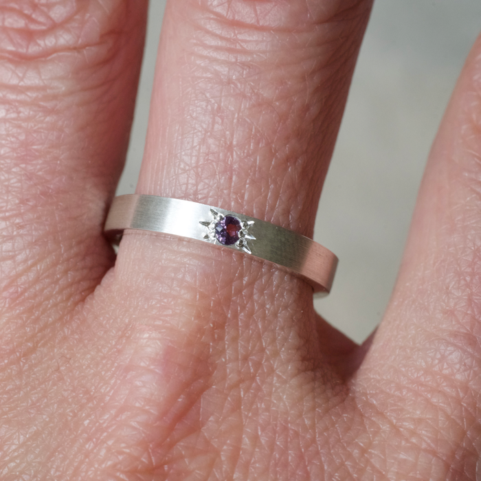 Purple Spinel star set argentium silver ring. Contemporary jewellery.