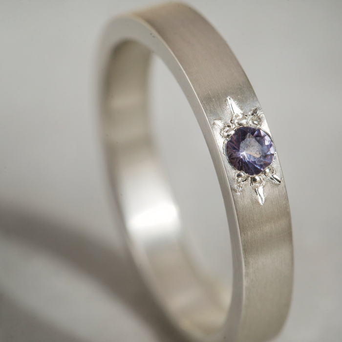 Purple Spinel star set argentium silver ring. Contemporary jewellery