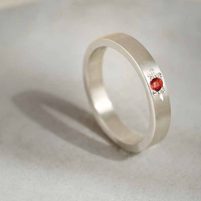 Red sapphire argentium silver ring. Ethically made jewellery.