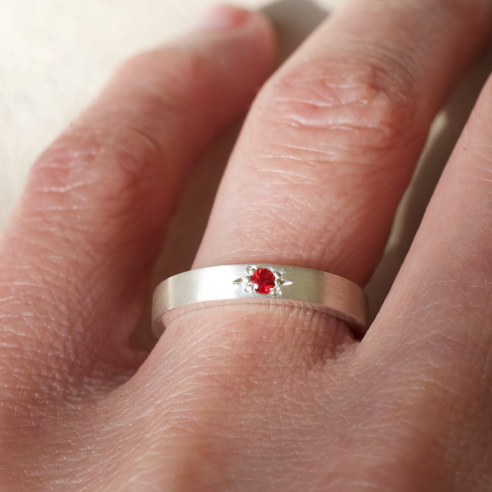 Red Sapphire argentium silver ring. Contemporary jewellery design.
