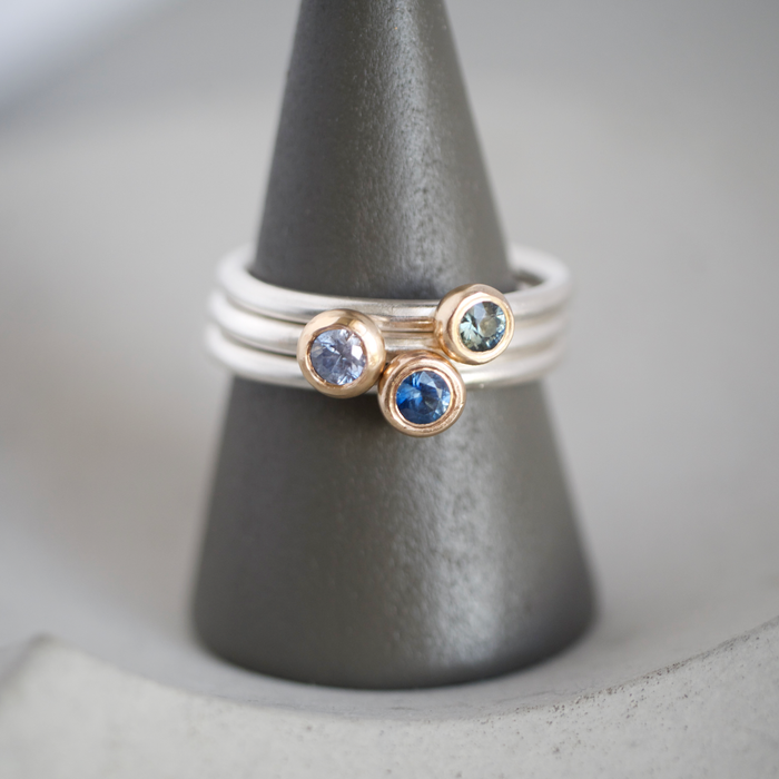 9ct gold and silver sapphire stacking rings