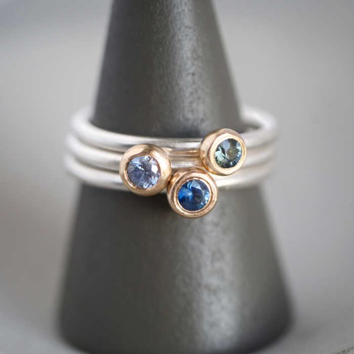 9ct gold and silver sapphire stacking rings