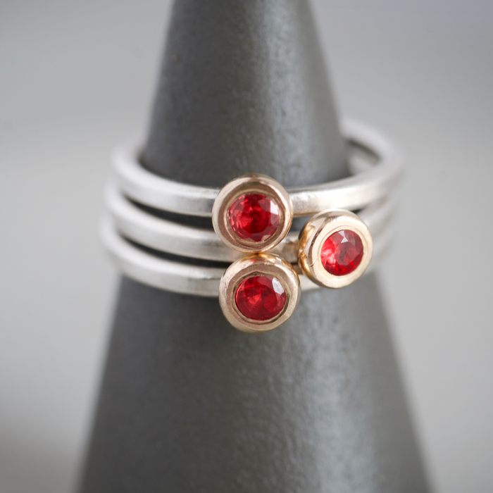 9ct yellow gold sterling silver and red sapphire stacking rings