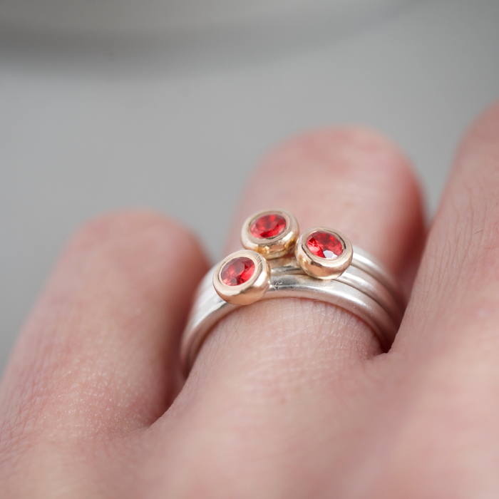 9ct yellow gold sterling silver and red sapphire stacking rings